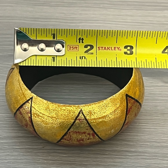 Wood Bangle Bracelet with Gold and Red Zigzag Painted Design, Boho - Picture 5 of 5